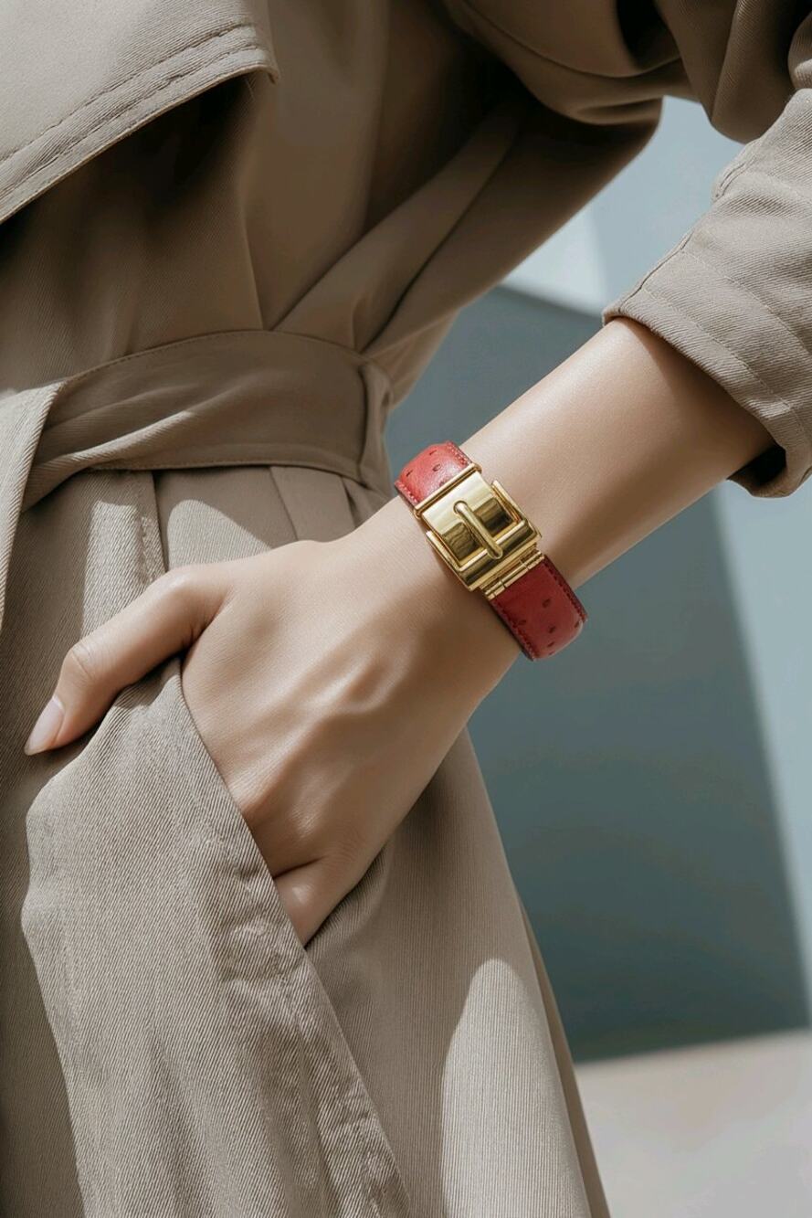 Vintage Gucci Red Ostrich Leather Cuff Bracelet Gold Buckle w/ Crest Box